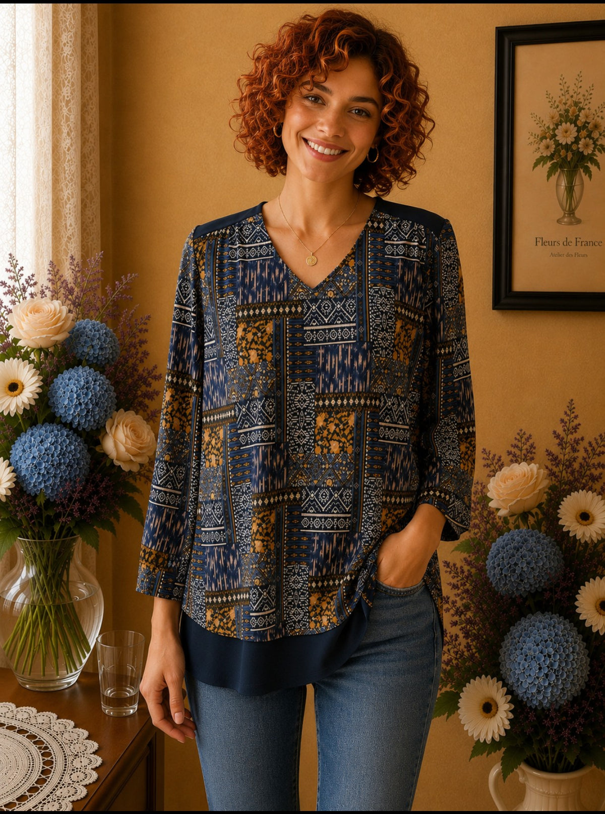 Tunique Femme Graphique Bleu, Noir & Jaune, Manches 3/4 t38
