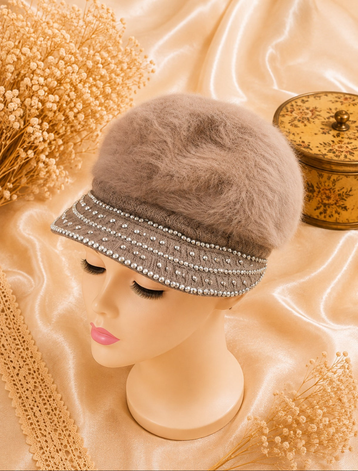 Casquette femme strass effet angora taupe marin clair neuve