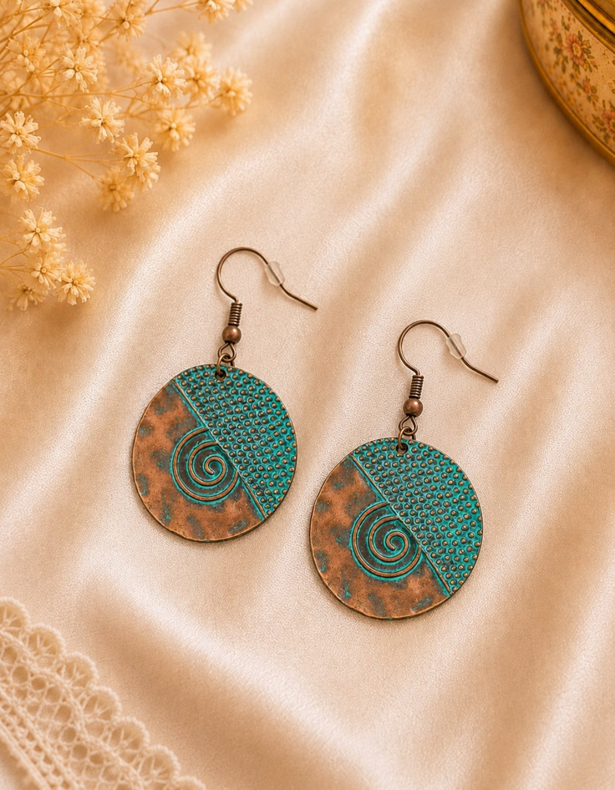 Boucles d’oreilles pendantes rondes Cuivre & turquoise