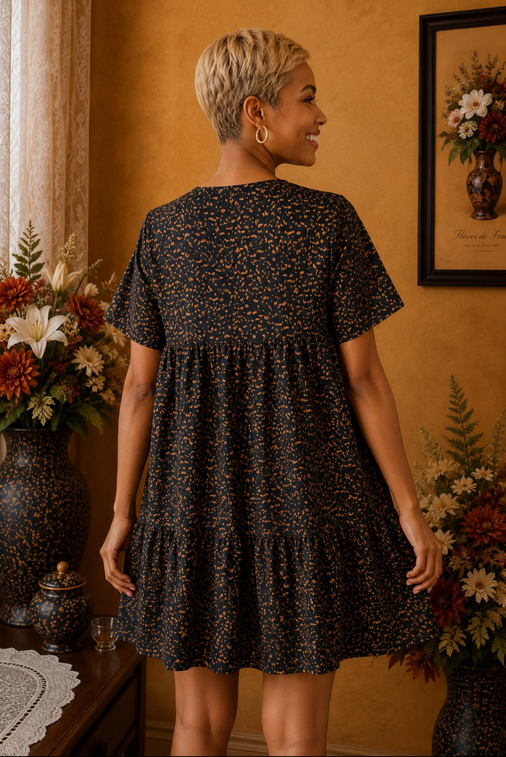 Robe d'été Shein noir moucheté camel orange taille 36