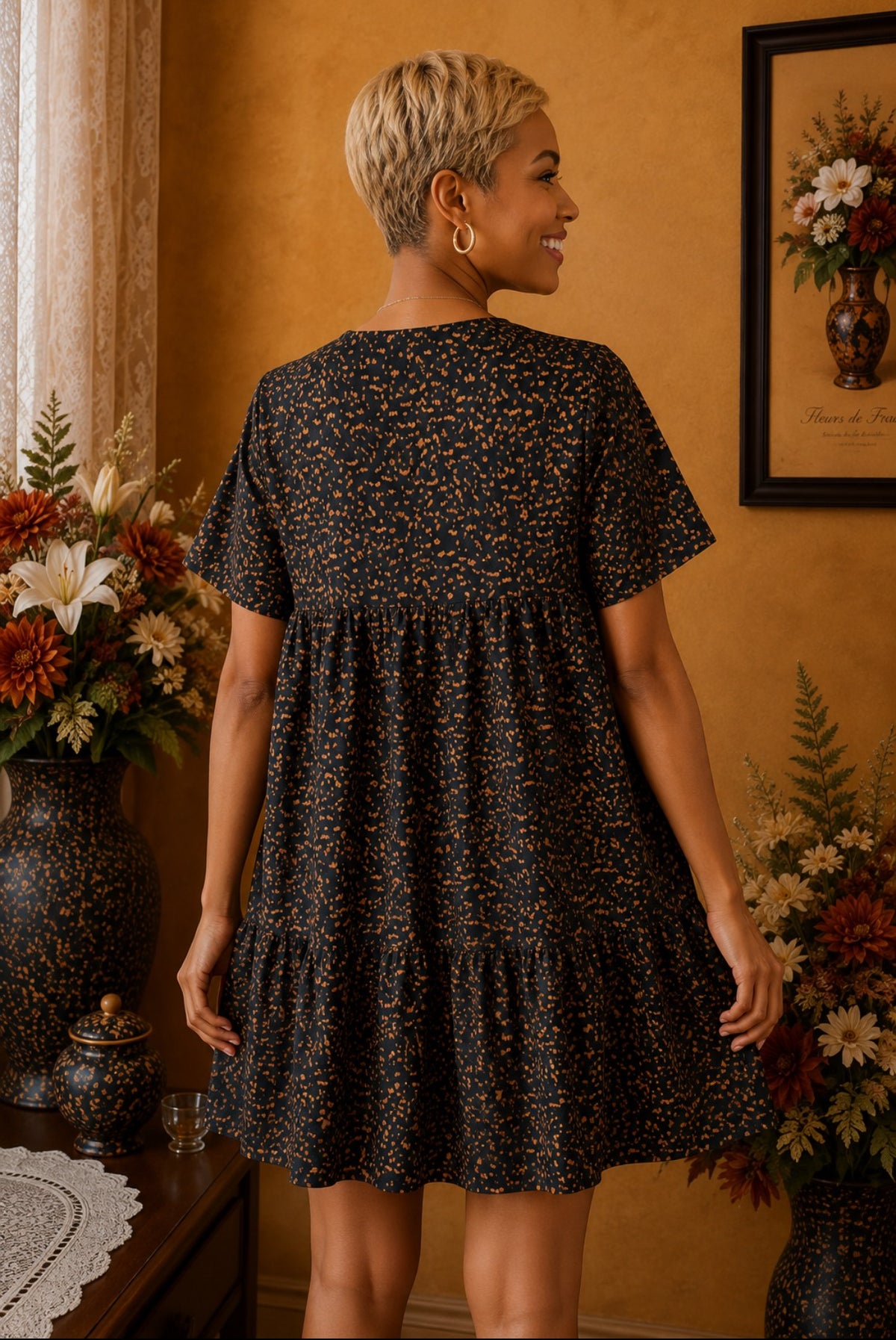 Robe d'été Shein noir moucheté camel orange taille 36